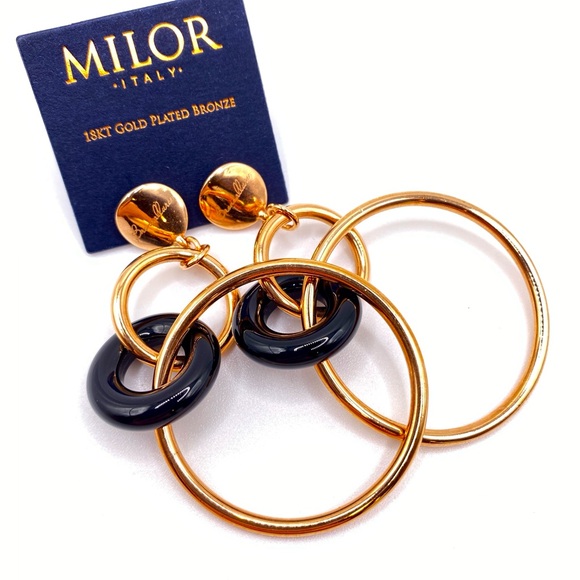 🆕 18kt Rose Gold Earrings Bronzallure & Onyx 3” Dangly Circle Hoop, MILOR ITALY - Picture 1 of 13